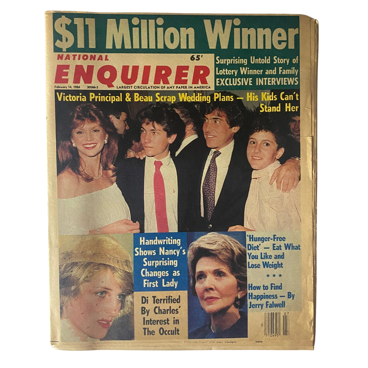 Cover of National Enquirer February 14 1984 featuring Victoria Principal and headlines about a lottery winner, Nancy Reagan, and Princess Diana, showcasing vintage tabloid journalism.
