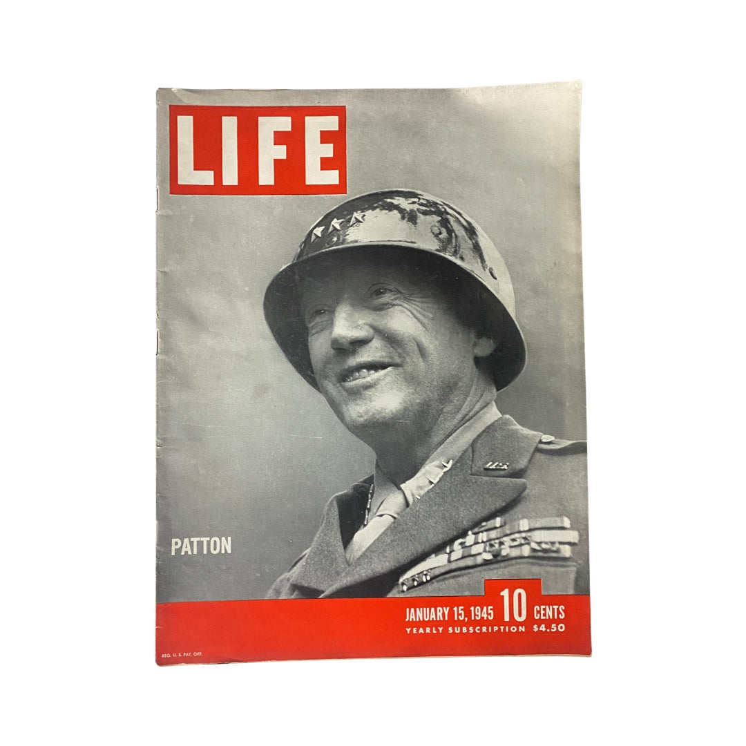 Cover of VTG Life Magazine January 15, 1945 featuring General George S. Patton, highlighting his smile and military attire.
