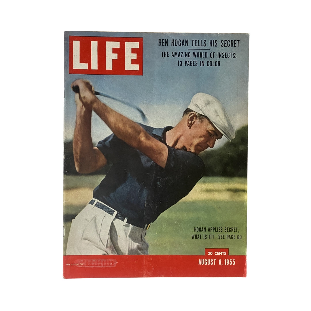 Cover of VTG Life Magazine August 8, 1955 featuring Ben Hogan in action, highlighting his golf swing and grip technique, a must-have for collectors.