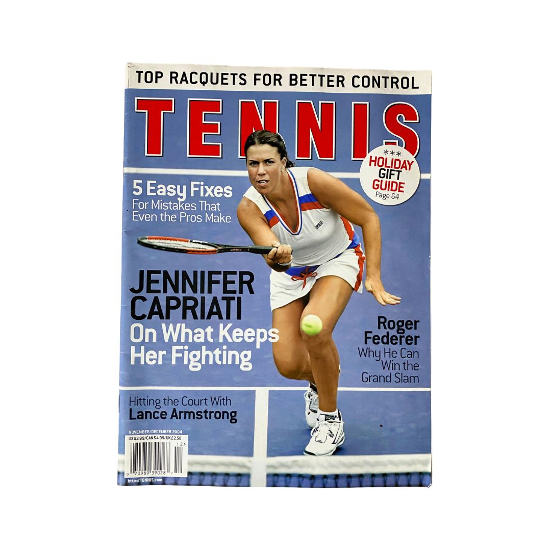 Tennis Magazine November December 2004 featuring Jennifer Capriati on the cover, showcasing tennis tips and highlights. The magazine emphasizes top racquets for better control and includes a holiday gift guide.