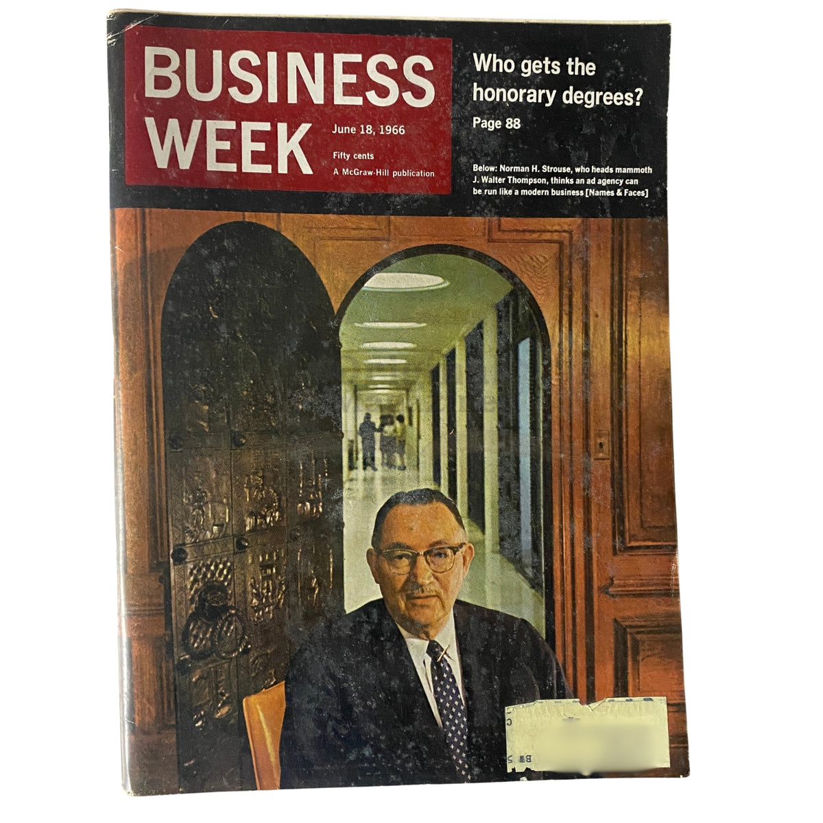 Cover of Business Week Magazine dated June 18, 1966, featuring an image of a man in a suit, Norman H. Strouse, inside an office corridor, highlighting themes of business and economy.