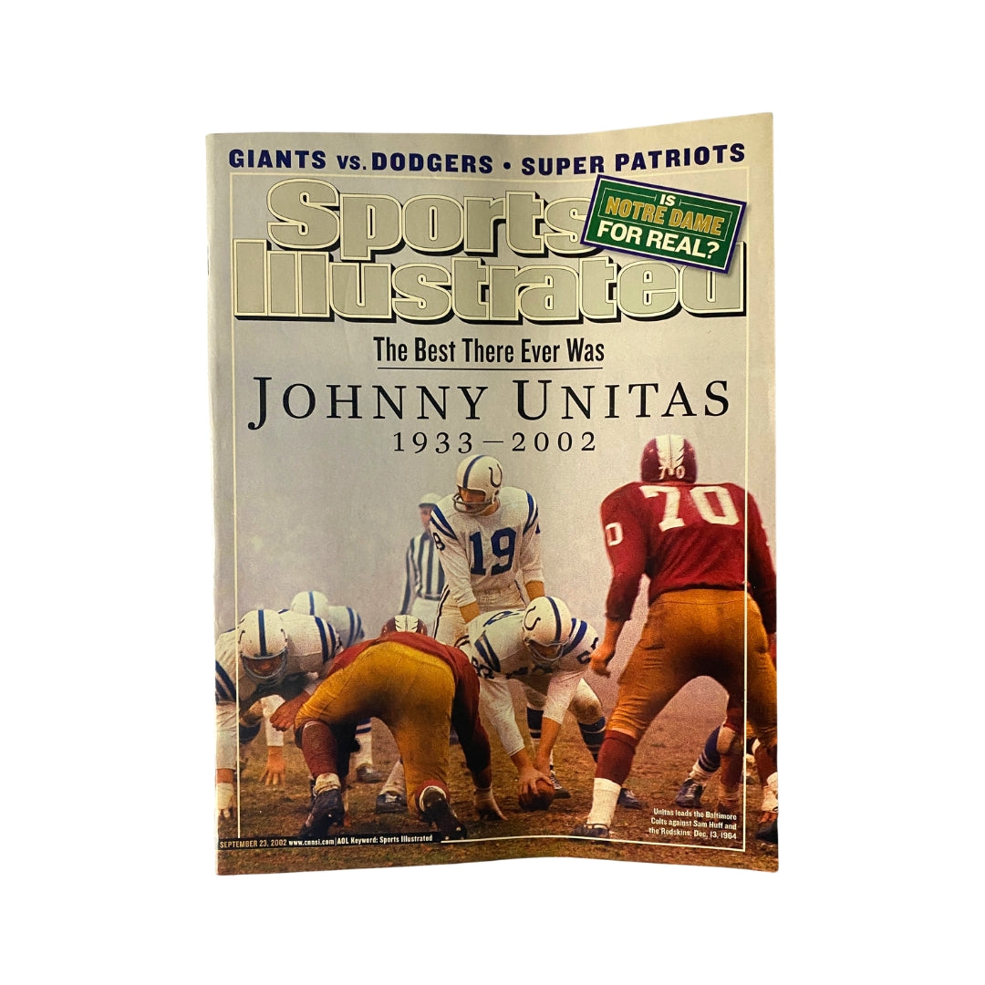 Sports Illustrated magazine cover from September 23, 2002, featuring a tribute to Johnny Unitas (1933-2002), with football players depicted on the field.