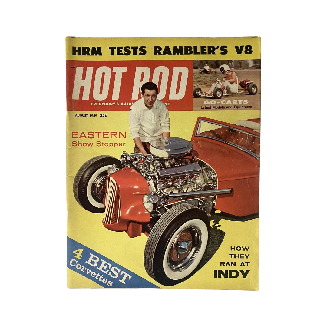 Cover of Hot Rod Magazine August 1959 featuring a classic car with a detailed engine and a man inspecting it, highlighting the theme 'How They Ran at Indy'.