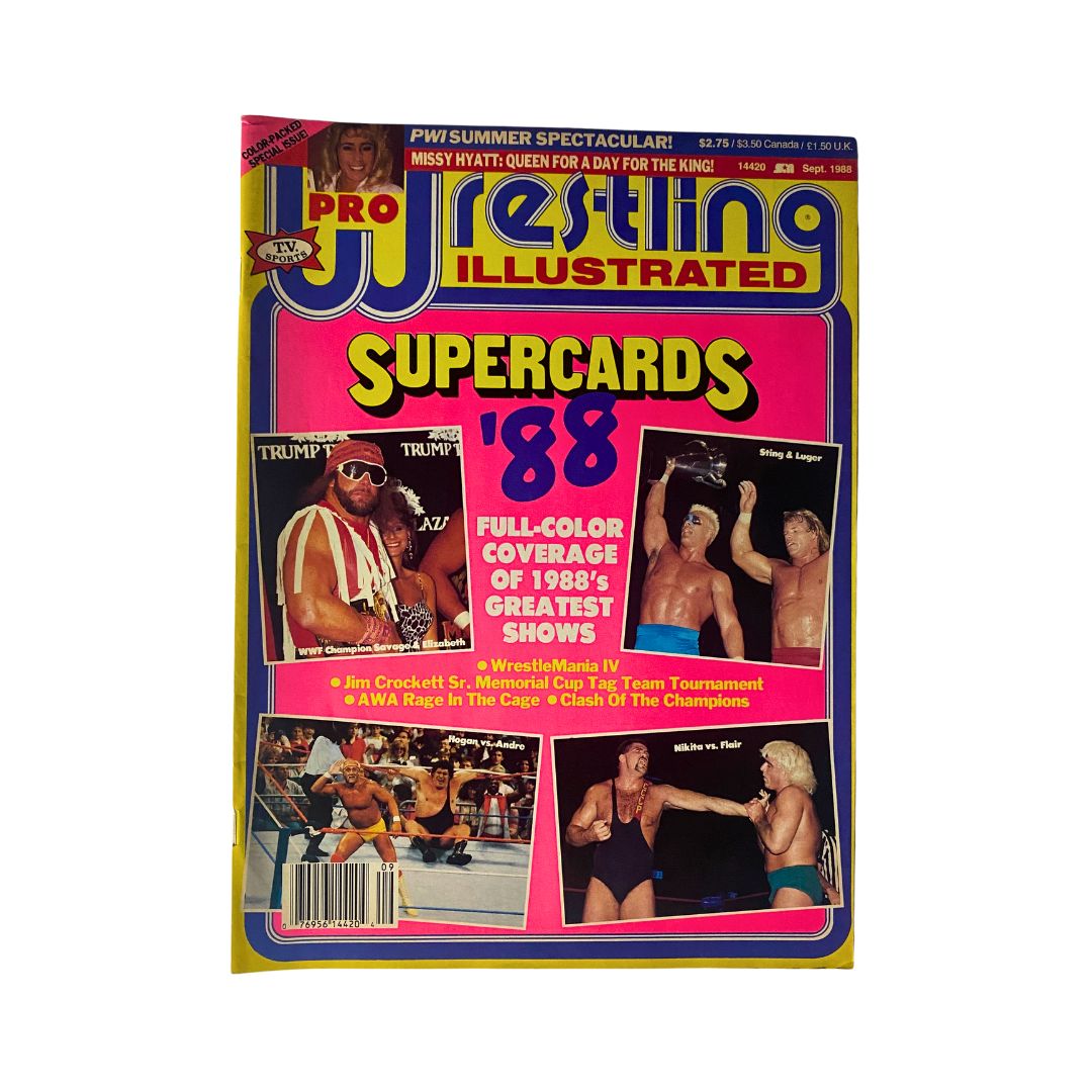 Pro Wrestling Illustrated September 1988 cover featuring Randy Savage with vibrant colors and graphics highlighting Supercards '88 and major wrestling events of the year.