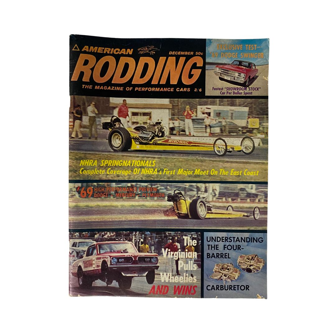 Vintage American Rodding Magazine cover from December 1968 showcasing NHRA Springnationals with drag racing cars and vintage auto culture highlights.