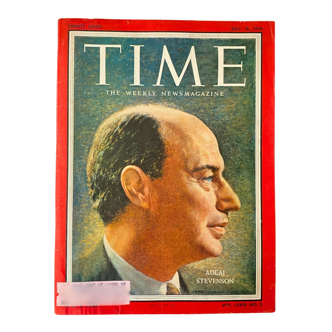 VTG Time Magazine July 16, 1956 featuring Adlai Stevenson II on the cover, showcasing a portrait and the iconic red border characteristic of the magazine.
