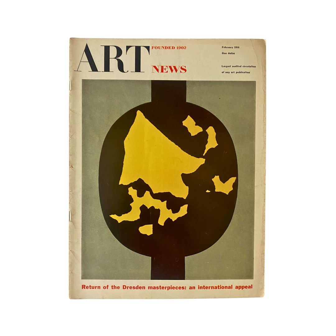 Cover of Art News Magazine February 1956 featuring artwork titled 'Symmetrical with Flakes of Chance' by Hans Arp, showcasing a colorful abstract design.