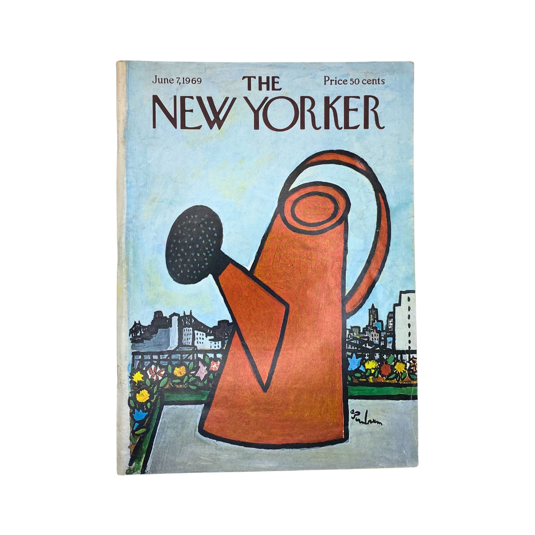 Cover of The New Yorker magazine from June 7, 1969 featuring an illustration by Abe Birnbaum, showcasing a colorful watering can in front of a cityscape.