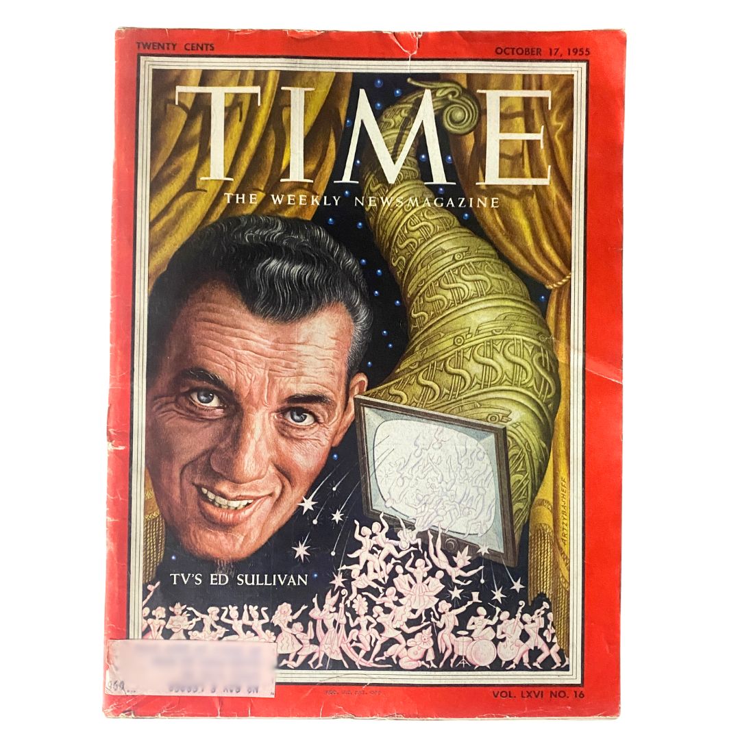 VTG Time Magazine October 17, 1955 Vol 66 No. 16 featuring TV's Ed Sullivan on the cover. A vintage publication with colorful artwork, showcasing the iconic television host.