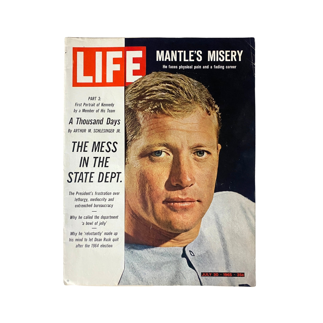 Vintage Life Magazine cover from July 30, 1965 featuring Mickey Mantle, titled 'Mantle's Misery.' The cover highlights the New York Yankees baseball player facing physical challenges as his career fades. Key articles include insights into the U.S. State Department during Kennedy's presidency.