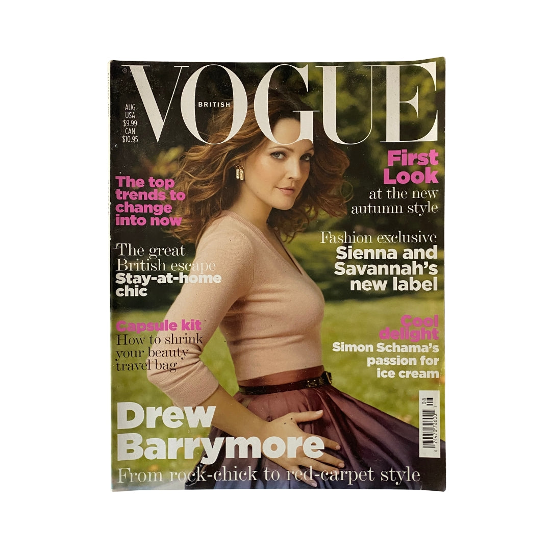 Vogue UK Magazine August 2007 featuring Drew Barrymore on the cover, showcasing fashion trends and articles such as 'First Look: The New Autumn Style' and 'Capsule Kit: How to Shrink Your Beauty Trade-Travel Bag.'