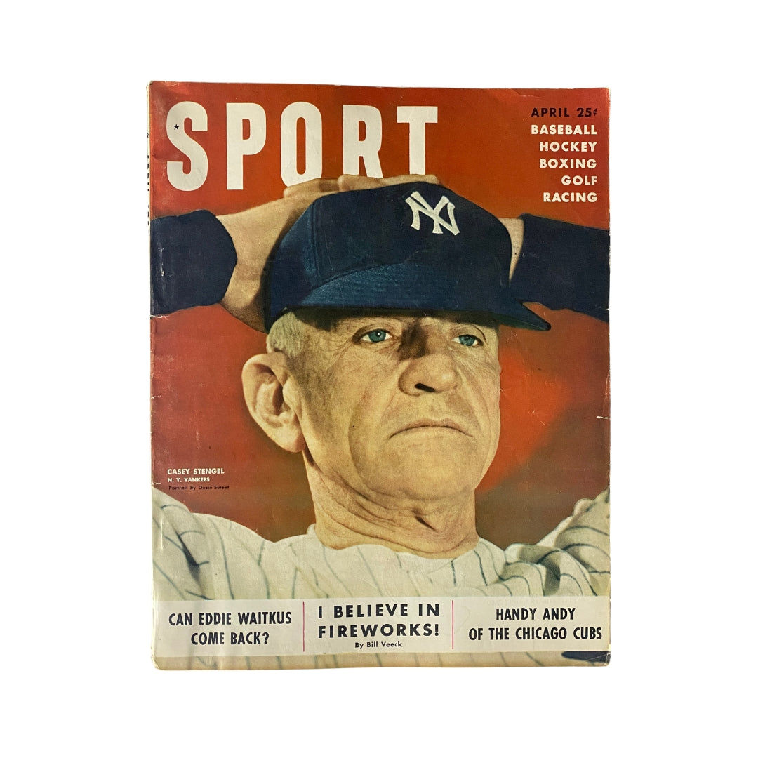 Sport Magazine April 1950 featuring Casey Stengel of the New York Yankees on the cover, showcasing sports themes of baseball, boxing, and golf.