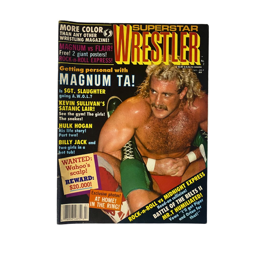 VTG Superstar Wrestler July 1986 magazine featuring Magnum T.A. and Hulk Hogan on the cover with bold text highlighting wrestling stories and posters.