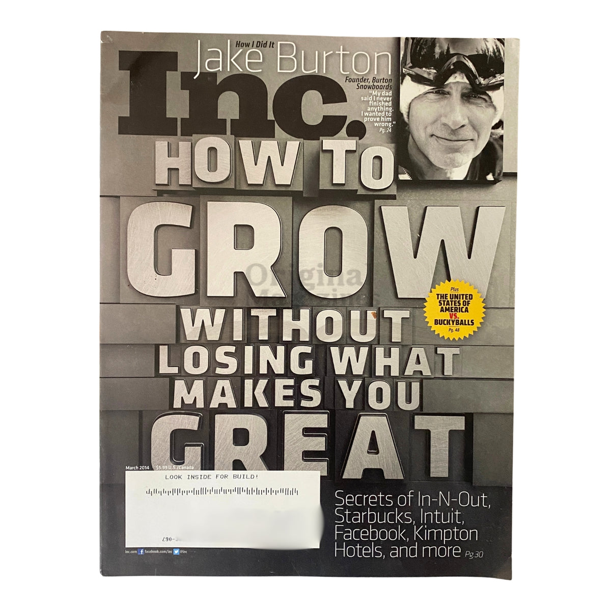 Cover of Inc. Magazine March 2014 featuring Jake Burton, founder of Burton Snowboards, with the headline 'How to Grow Without Losing What Makes You Great'.