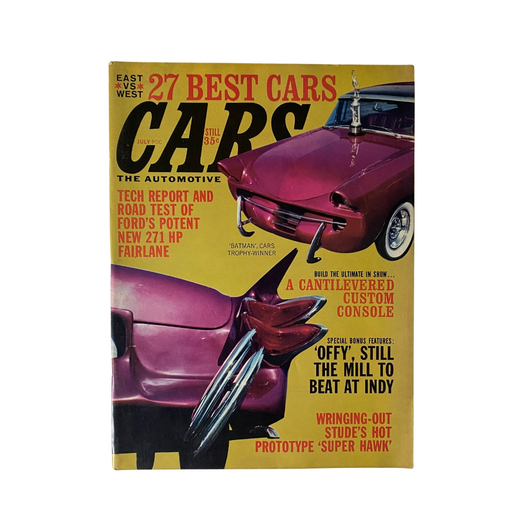 Vintage Cars Magazine July 1963 cover featuring the Offy engine, titled 'Still The Mill To Beat at Indy', showcasing a vibrant pink car design and various automotive features.