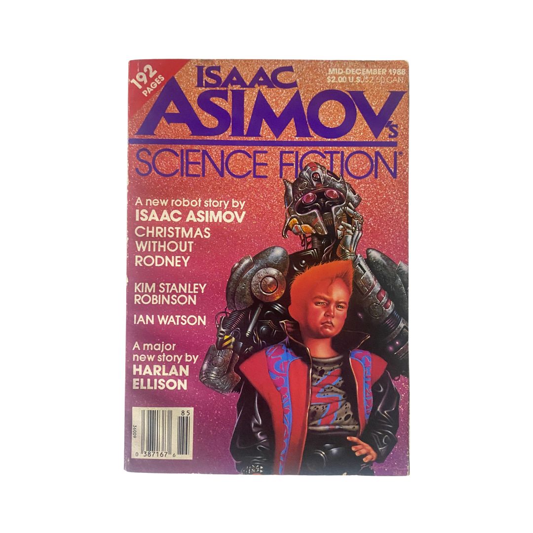 Cover of Isaac Asimov's Science Fiction Magazine, December 1988, featuring the title 'Christmas without Rodney' alongside imaginative artwork of a boy and a robot, highlighting the vintage appeal for science fiction collectors.
