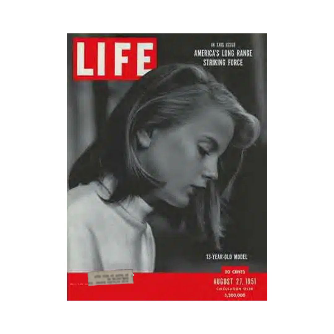 Cover of VTG Life Magazine from August 27, 1951 featuring a profile shot of a 13-year-old model, showcasing a classic black and white design with red accents.