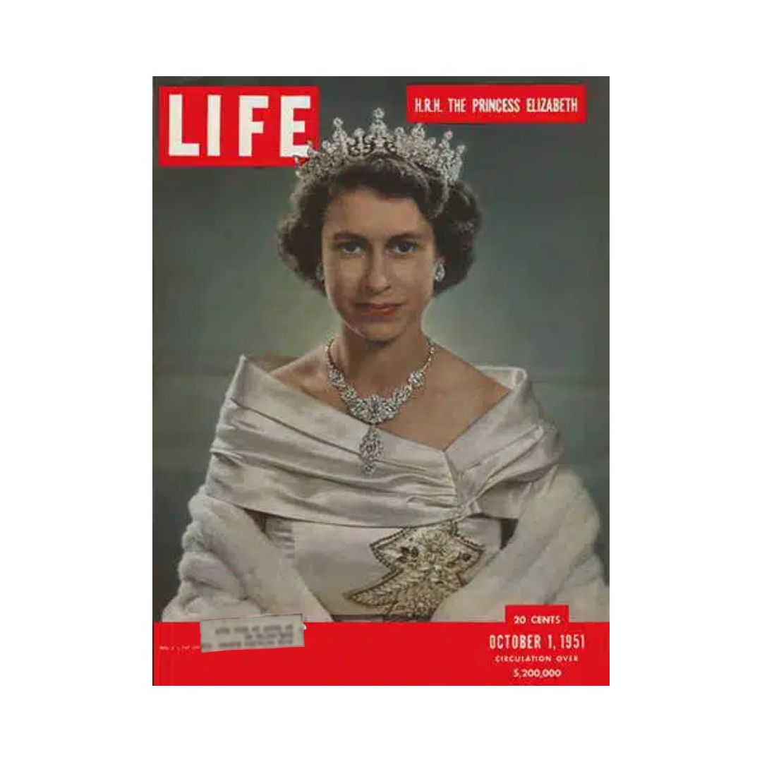 Cover of VTG Life Magazine from October 1, 1951, featuring H.R.H. The Princess Elizabeth, showcasing her elegant attire and crown.
