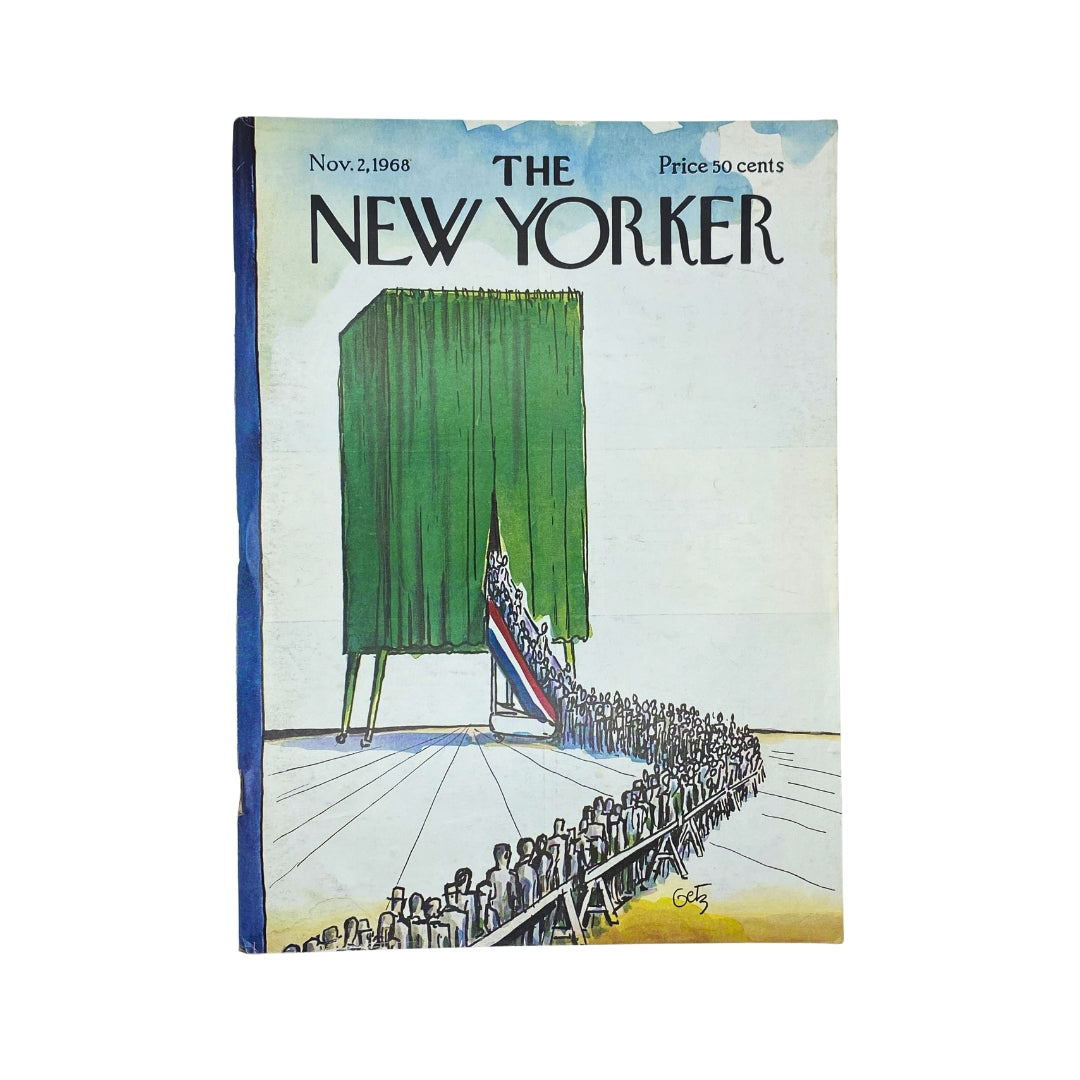 Cover of The New Yorker magazine dated November 2, 1968, featuring an illustration by Arthur Getz, depicting a crowd gathered in front of a green draped curtain.