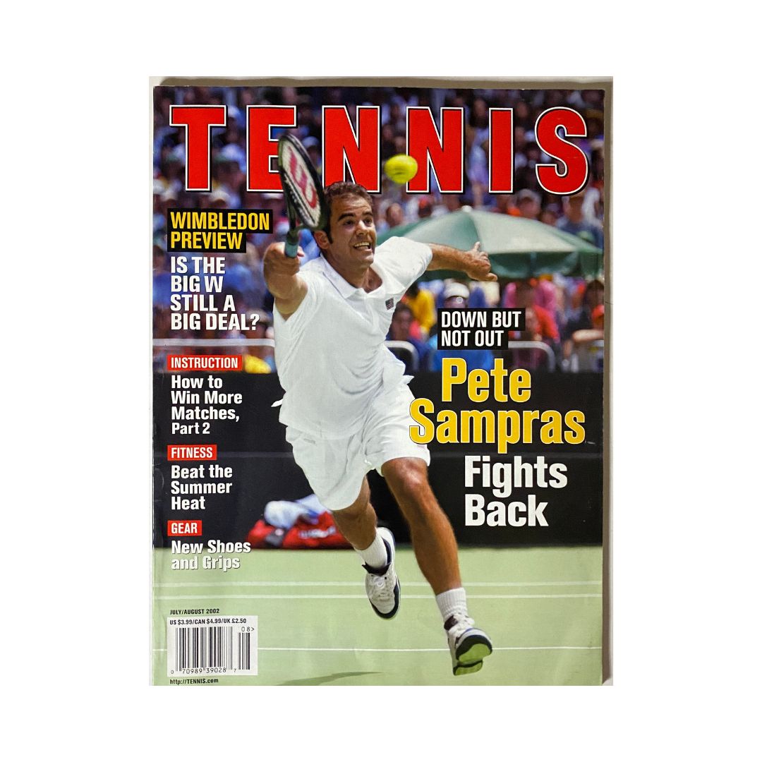 Tennis Magazine July August 2002 featuring Pete Sampras on the cover, showcasing a dynamic action shot as he prepares to hit a tennis ball.