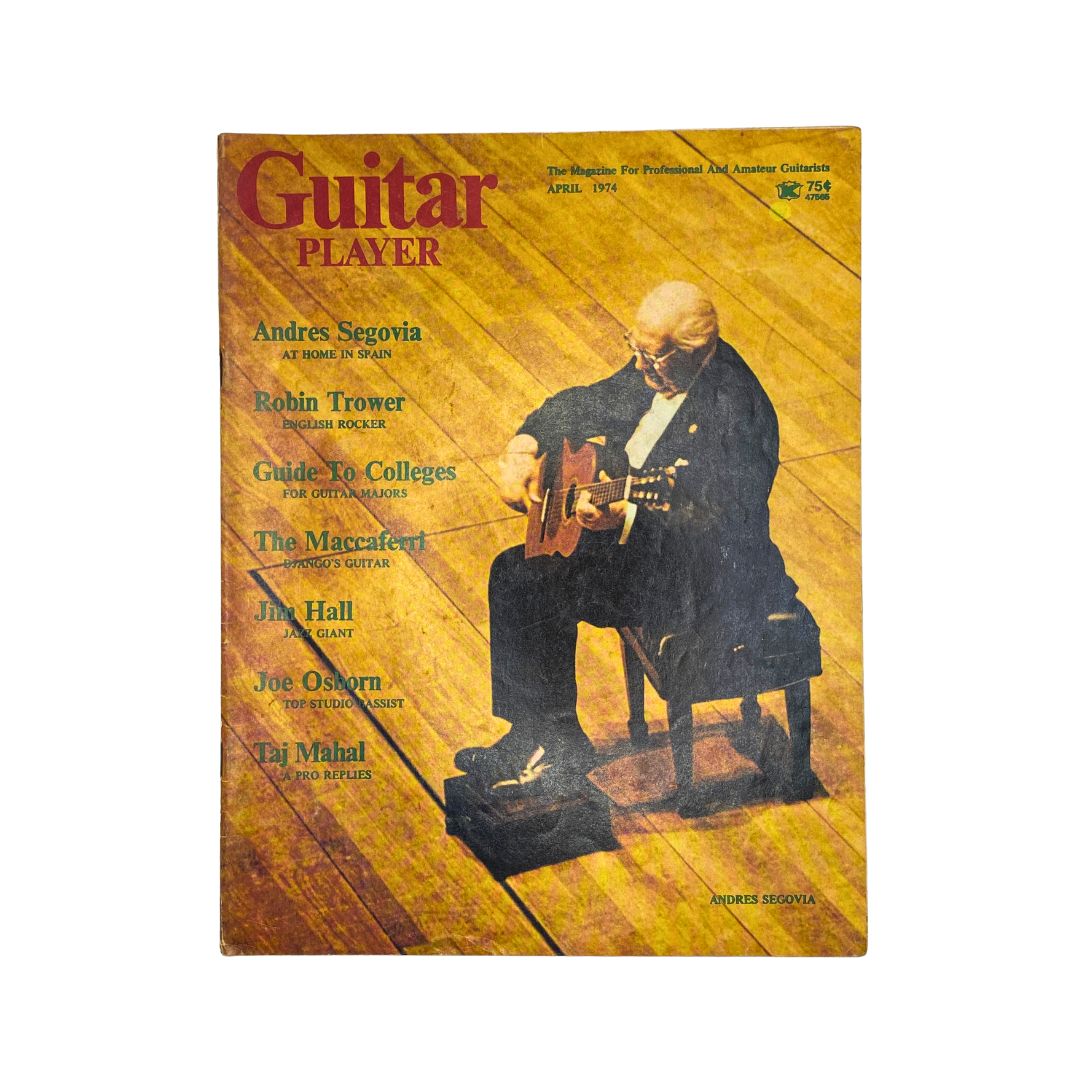 Vintage Guitar Player Magazine April 1974 Vol 8 No 4 featuring Andres Segovia on the cover, showcasing classic guitar themes.