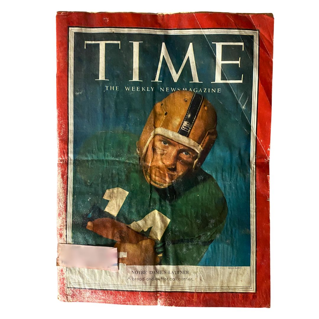 Cover of VTG Time Magazine November 9, 1953, featuring Johnny Lattner, showcasing him in a football uniform with a vintage design.