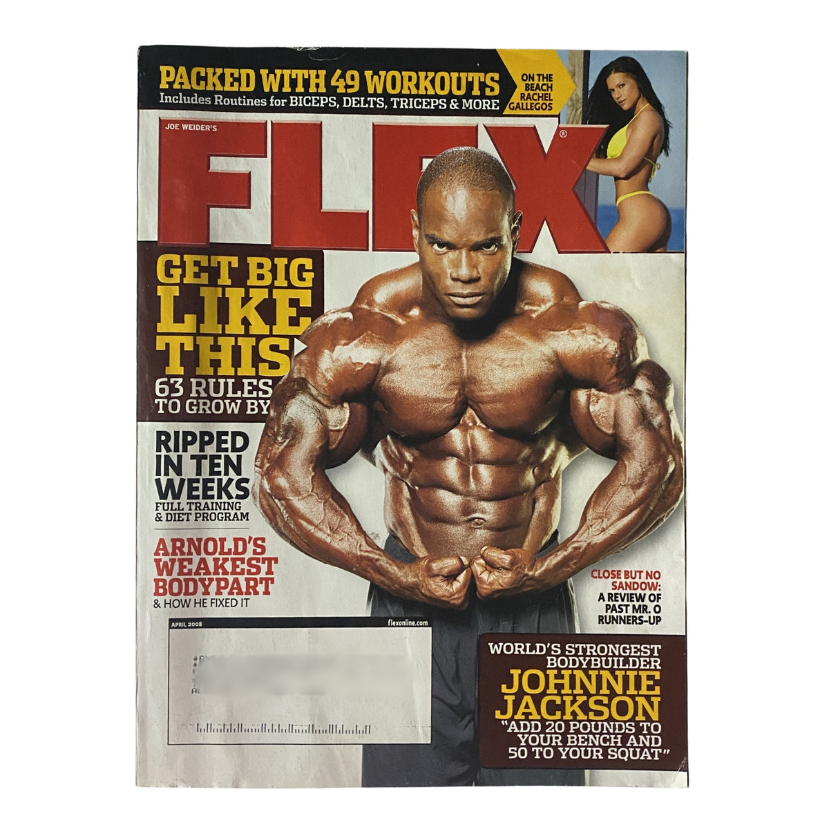 Cover of Flex Magazine April 2008 Volume 26 Number 2 featuring bodybuilder Johnnie Jackson. This collectible vintage magazine includes fitness programs and workout tips for enthusiasts.