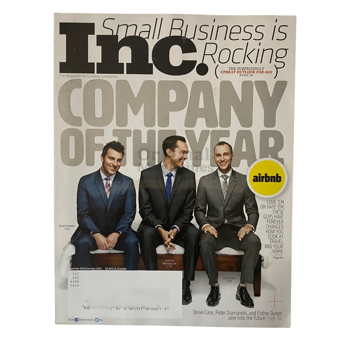 Cover of Inc. Magazine December 2014 featuring Brian Chesky, Nathan Blecharczyk, and Joe Gebbia, highlighting Airbnb as Company of the Year.