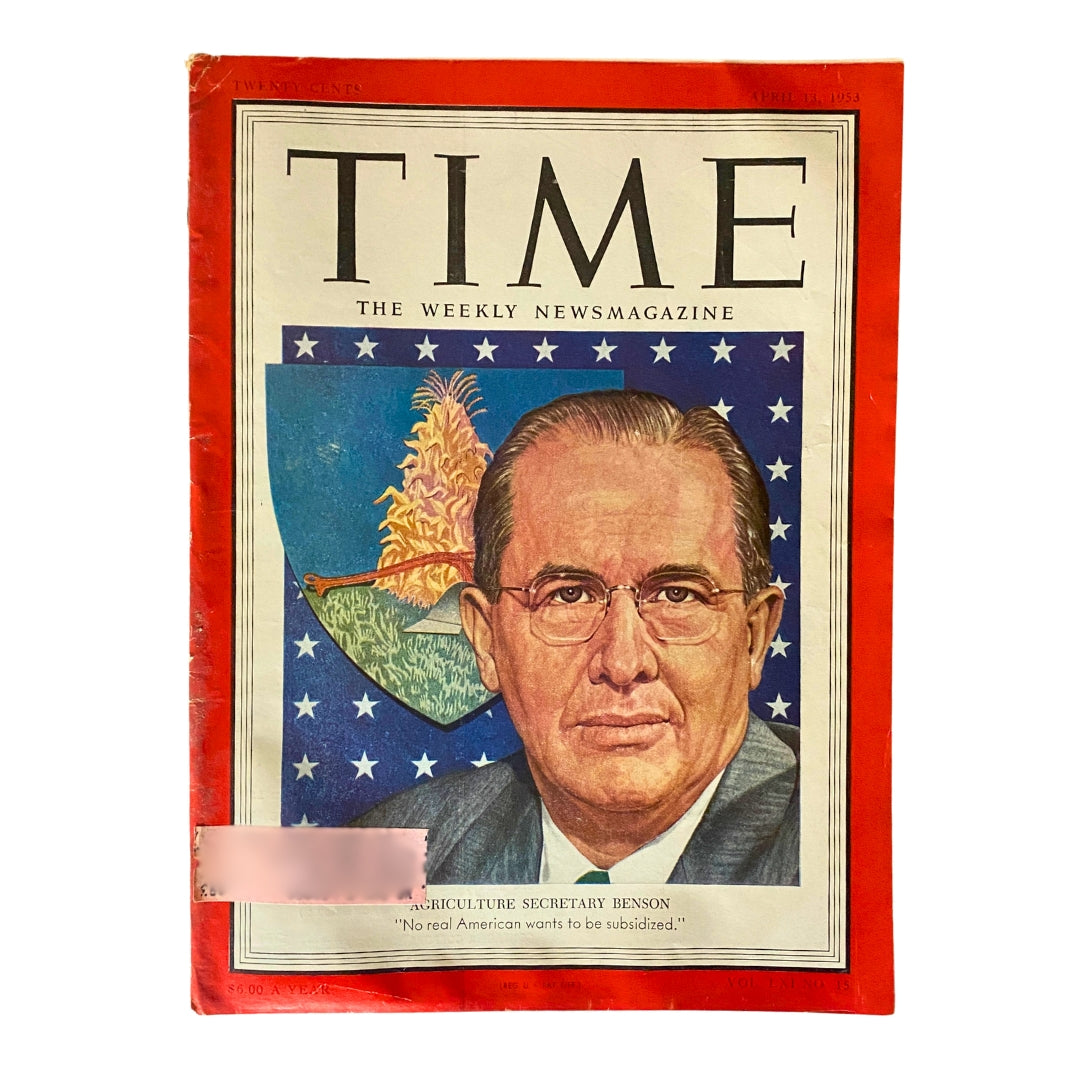 Vintage Time Magazine from April 13, 1953, featuring Ezra Taft Benson on the cover, showcasing historical significance and political commentary from the early 1950s.