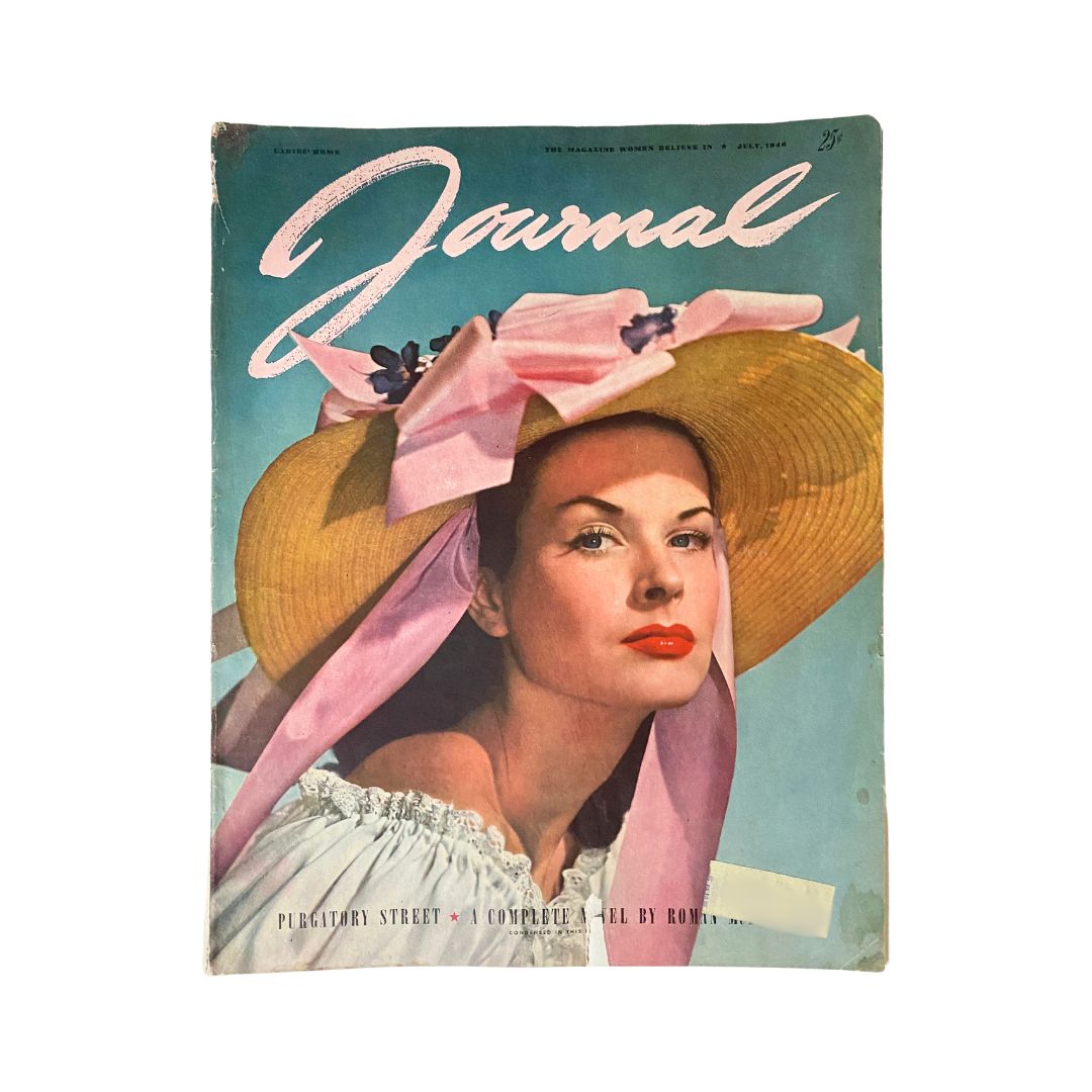 Cover of Ladies' Home Journal Magazine July 1946 featuring the title 'Journal' and a woman wearing a wide-brimmed hat, part of the intriguing feature story 'Purgatory Street.'