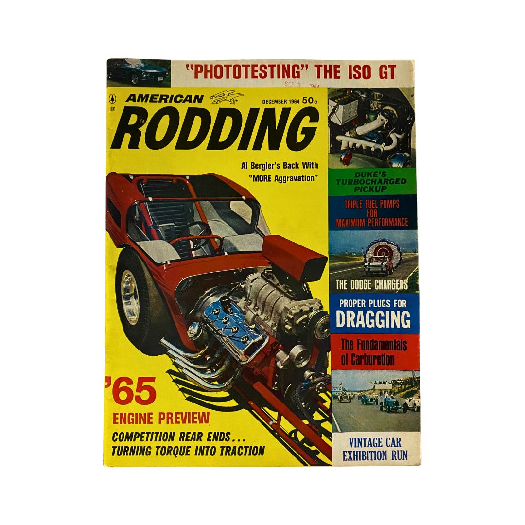 Cover of the VTG American Rodding Magazine December 1964 featuring Al Bergler, showcasing vibrant automotive artwork and headlines including engine previews and car customization topics.