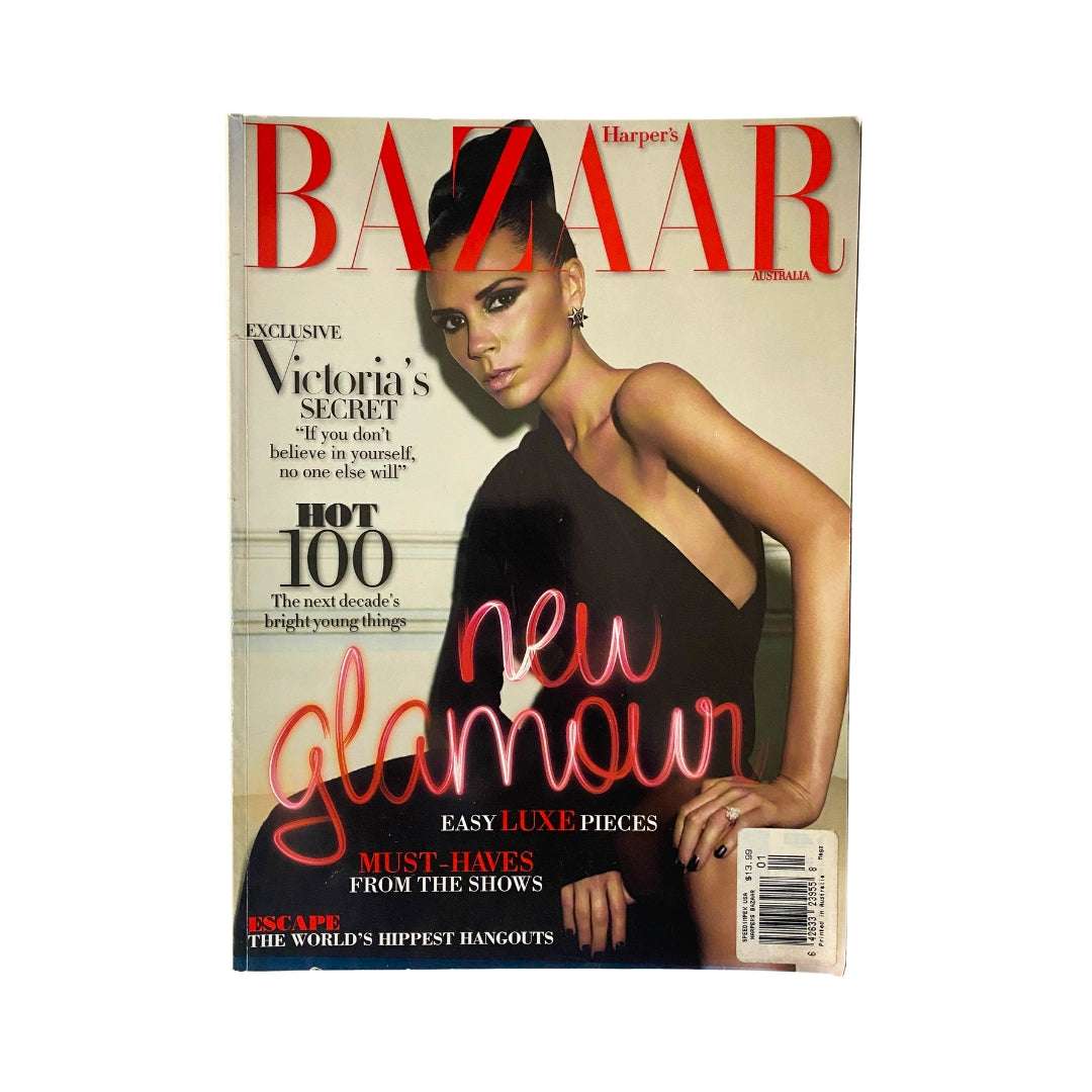 Cover of Harper's Bazaar Australia Magazine January 2010 featuring Victoria Beckham, highlighting new glamour and luxury fashion pieces.