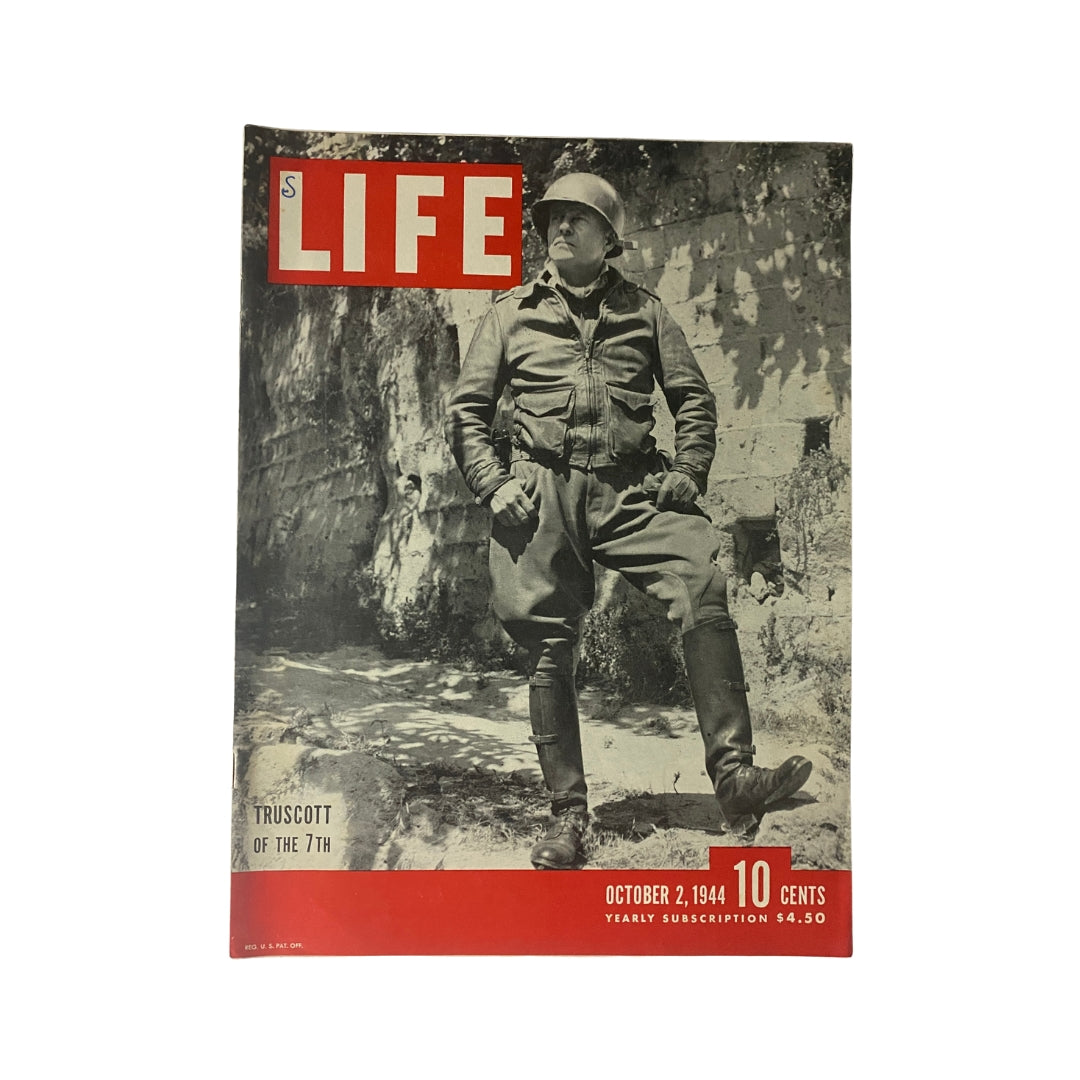 Cover of Life Magazine dated October 2, 1944, featuring Lucian Truscott of The 7th Army, showcasing a military theme relevant to World War II.