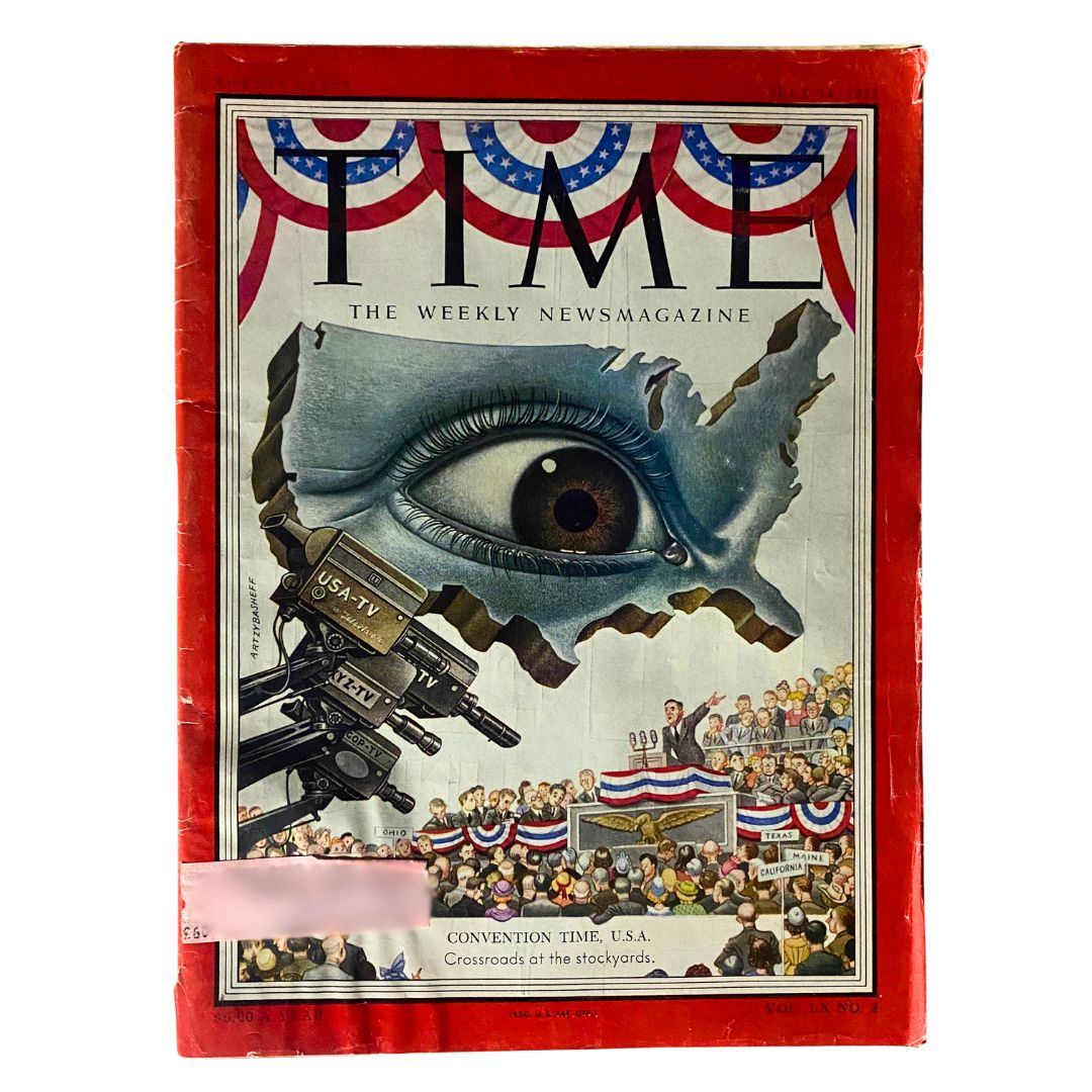 VTG Time Magazine July 14, 1952 cover featuring artwork symbolizing media coverage of political conventions with an eye and a television camera, showcasing the era's cultural dynamics and political climate.
