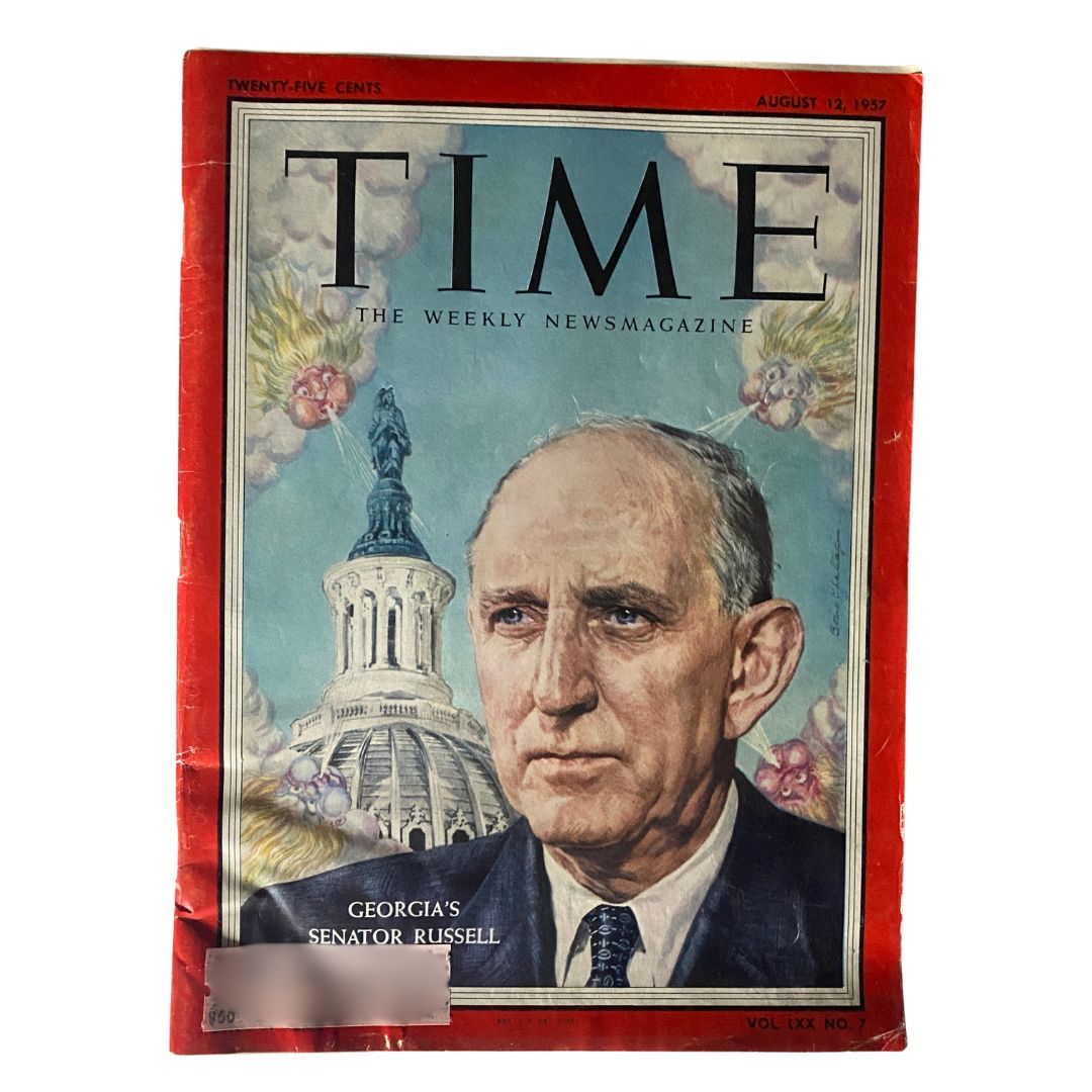 Cover of VTG Time Magazine August 12, 1957 Vol 70 No. 7 featuring Richard Russell Jr. over a depiction of the U.S. Capitol.