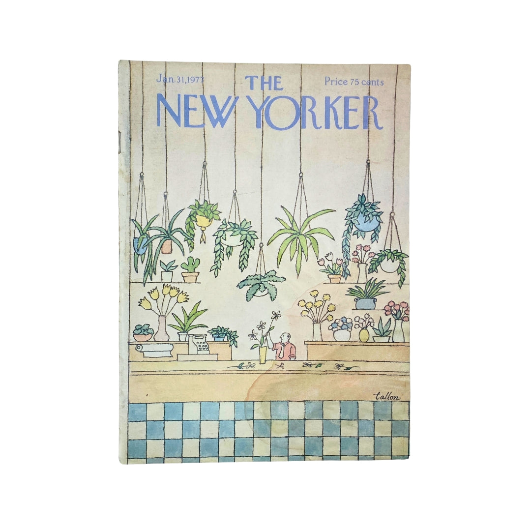 Cover of The New Yorker, January 31, 1977 featuring artwork by Robert Tallon, showcasing a floral shop with various plants and flowers.