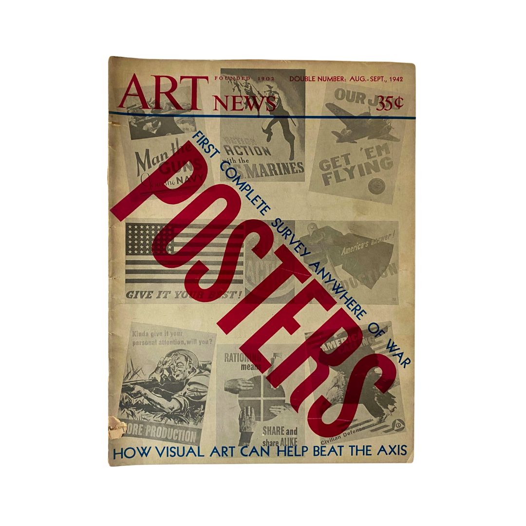 Cover of Vintage Art News Magazine August - September 1942 showcasing war posters and propaganda with bold typography highlighting the title 'POSTERS' for a historical perspective.