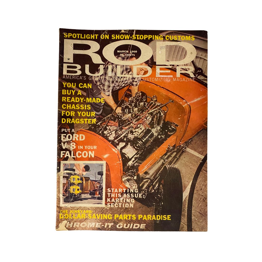 Vintage Rod Builder Magazine March 1960 featuring a Ford V8 installation in a Falcon, showcasing automotive culture and design of the era.
