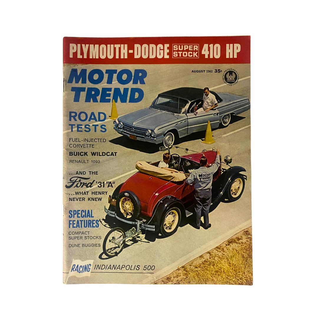 Vintage Motor Trend Magazine cover from August 1962 featuring racing highlights of the Indianapolis 500. The cover showcases classic cars including a red Ford '31 A, a Corvette, and a Buick Wildcat, capturing the essence of 1960s automotive culture and road tests.