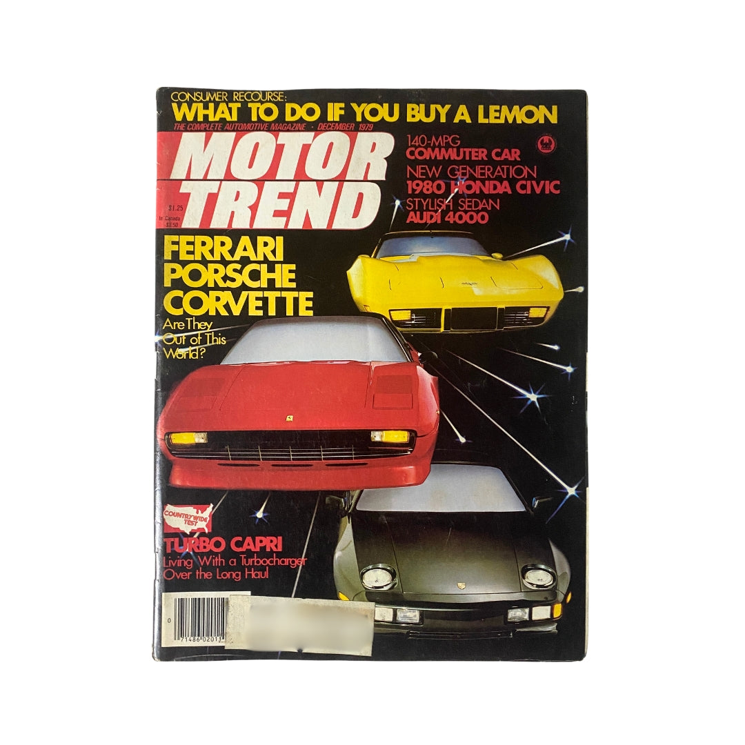 VTG Motor Trend Magazine December 1979 featuring the iconic 1957-58-59 Ford Skyliners on the cover, showcasing sleek vintage cars including a Ferrari, Porsche, and Corvette that captures the essence of classic automobiles.