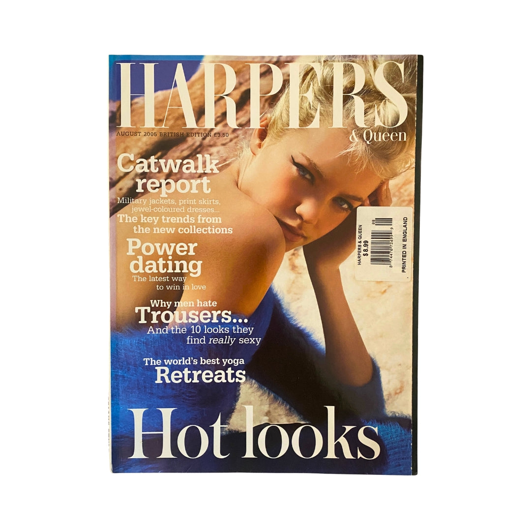 Harpers & Queen UK Magazine August 2005 featuring Elyse Taylor on the cover, showcasing trending fashion and lifestyle topics. The front cover highlights 'Catwalk report' and 'Hot looks,' emphasizing modern styles and cultural features.