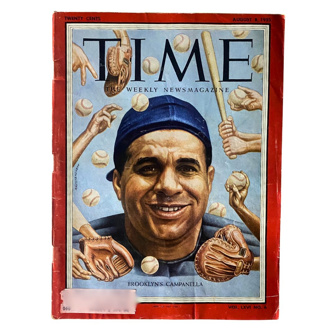 Vintage Time Magazine cover from August 8, 1955, featuring Roy Campanella, a legendary baseball player, with baseball gloves and balls in the background, Vol 66 No. 6.