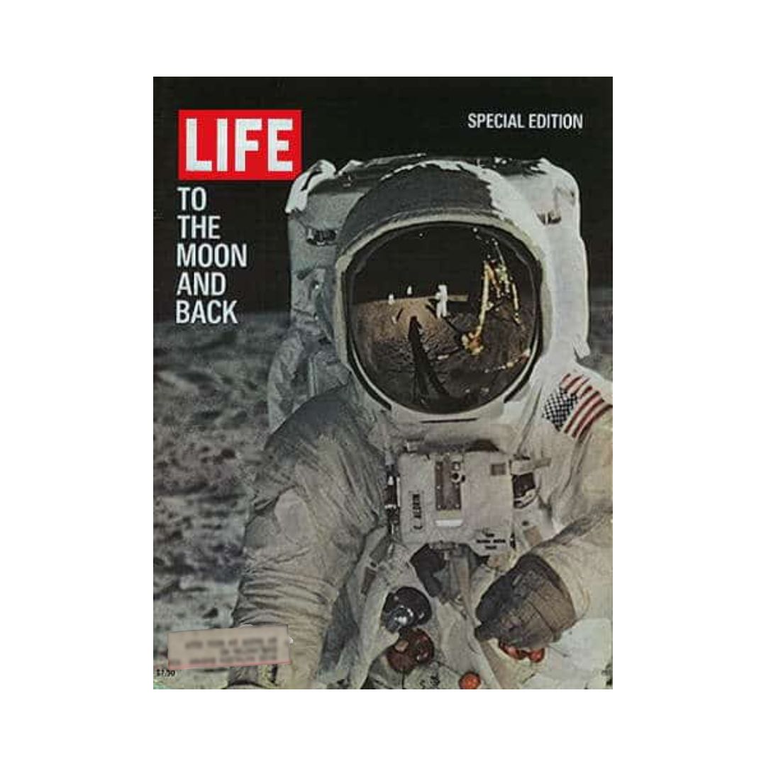 Cover of VTG Life Magazine August 10, 1969, titled 'To the Moon and Back Special Issue', featuring an astronaut on the lunar surface reflecting the moon landing. Ideal for collectors of vintage space literature.