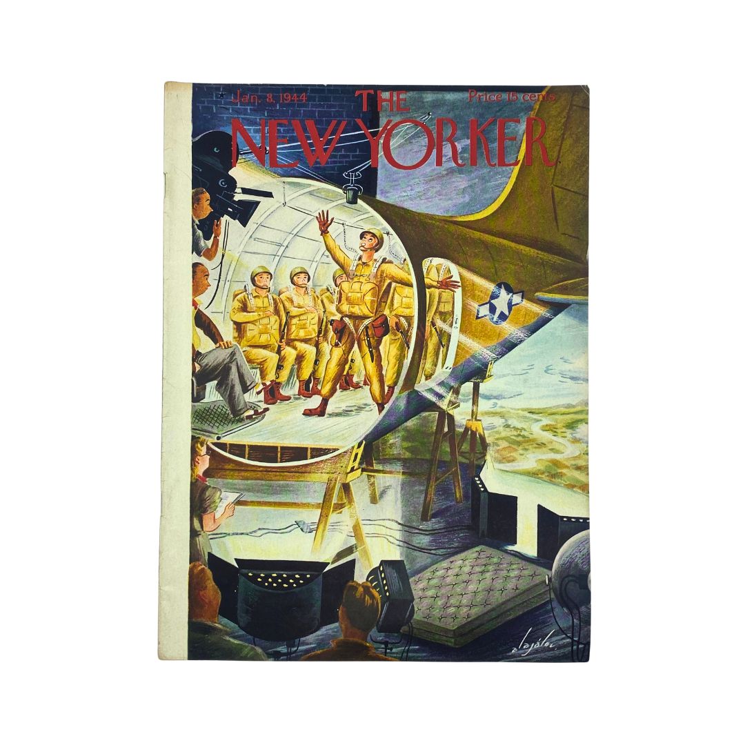The New Yorker Complete Magazine January 8, 1944 cover featuring a cover illustration by Constantin Alajalov, showcasing military figures in a striking artistic depiction.