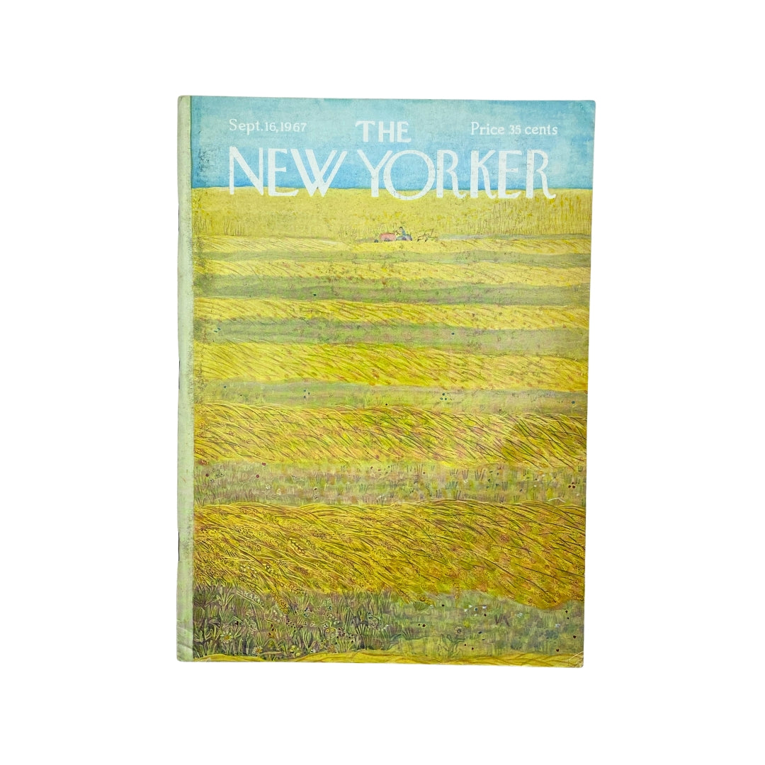Cover of The New Yorker Complete Magazine from September 16, 1967, featuring a vibrant illustration by Ilonka Karasz, showcasing rolling fields in shades of yellow and green.