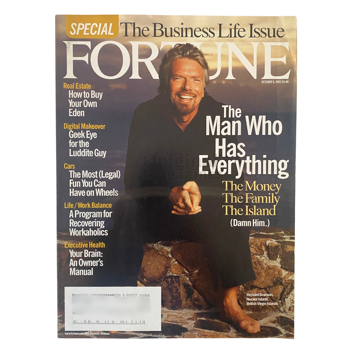 Fortune Magazine cover from October 6, 2003 featuring Richard Branson with the title 'The Man Who Has Everything'. The cover highlights topics on business life and corporate culture.
