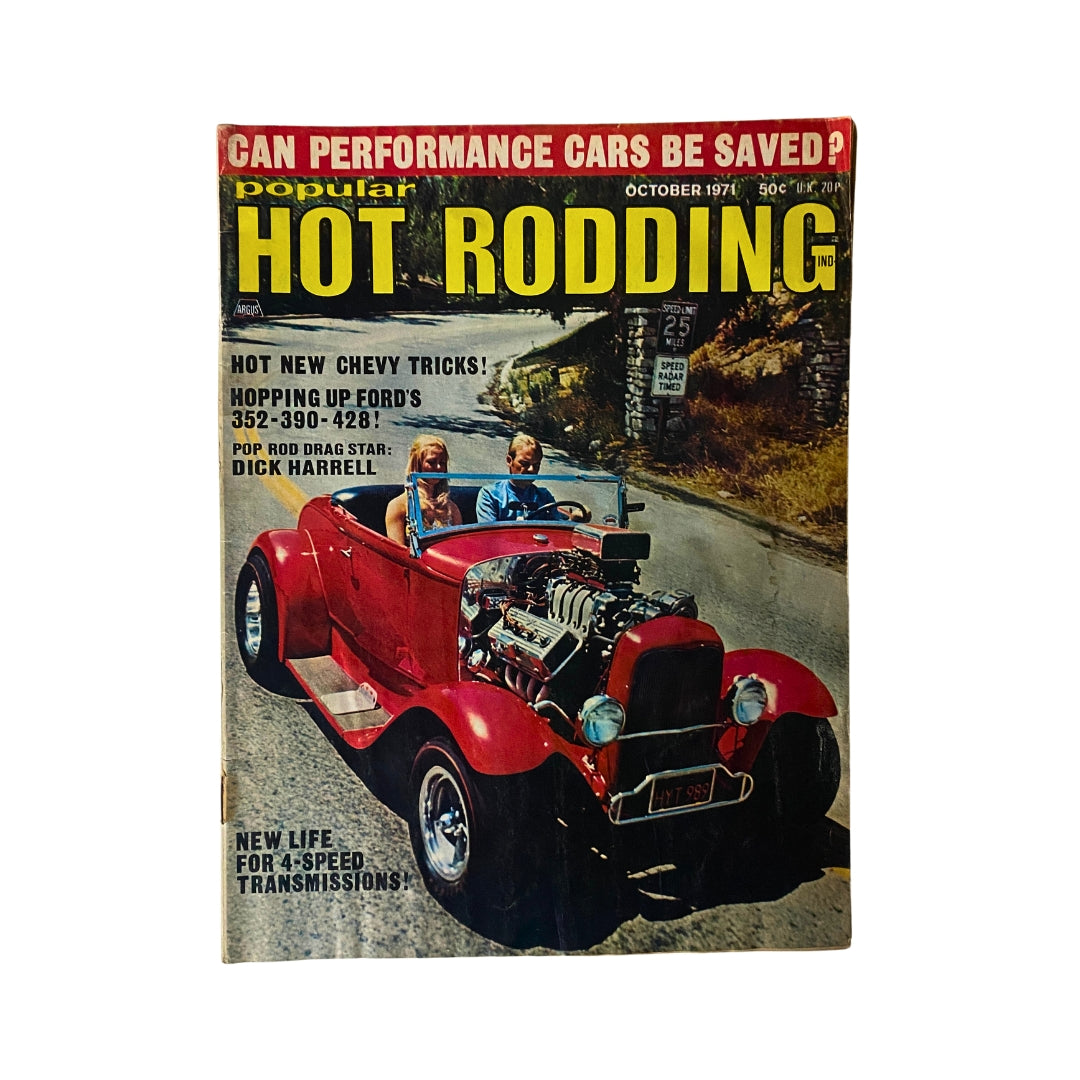 October 1971 issue of Popular Hot Rodding Magazine featuring an iconic cover with a red hot rod, showcasing headlines about performance cars, drag racing star Dick Harrell, and tips for hopping up Ford's engines.