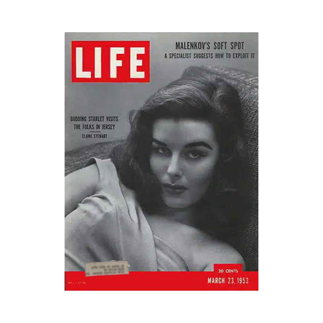 Vintage Life Magazine Cover featuring Elaine Stewart, March 23, 1953, showcasing an iconic image of the actress and model.