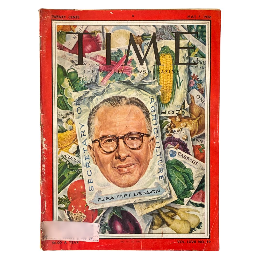 Vintage Time Magazine May 7, 1956 featuring Ezra Taft Benson on the cover, highlighting agriculture with colorful vegetables in the background.