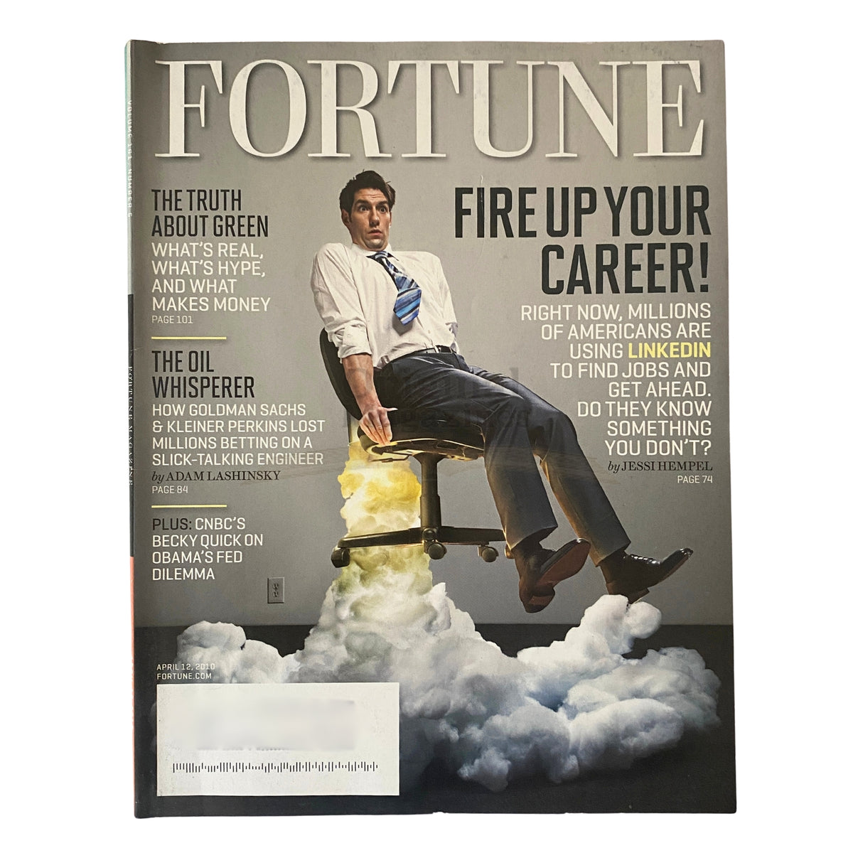 Cover of Fortune Magazine from April 12, 2010, titled 'Fire Up Your Career!' featuring a man sitting on a chair with smoke effects, accompanied by the article 'Americans Are Using LinkedIn To Find Jobs' by Jessi Hempel, highlighting career strategies during a transformative period in social networking.